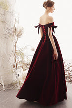 Load image into Gallery viewer, Charming A Line Long Off the Shoulder Burgundy V Neck Prom Dresses with Sweetheart SJS15089