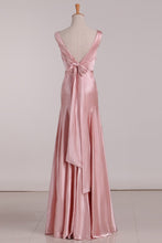 Load image into Gallery viewer, A Line V Neck Bridesmaid Dresses Open Back Stretch Satin Floor Length