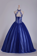 Load image into Gallery viewer, Dark Royal Blue Halter Quinceanera Dresses Ball Gown Tulle With Beads &amp; Rhinestones