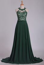 Load image into Gallery viewer, Scoop Chiffon With Applique And Beads Prom Dresses A Line Sweep Train