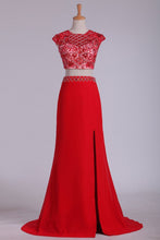 Load image into Gallery viewer, Two Pieces Scoop Prom Dresses Column Chiffon With Slit And Beads