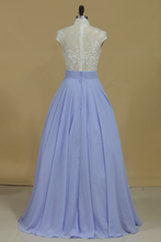 Load image into Gallery viewer, High Neck A Line Prom Dresses Chiffon With Applique And Beading Floor Length