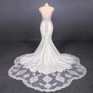 Spaghetti Straps Mermaid Wedding Dress with Lace, V-neck Wedding Dresses SJS15418