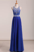 Load image into Gallery viewer, Sexy Open Back Scoop Prom Dresses A Line Chiffon With Beading