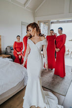 Load image into Gallery viewer, Charming Off the Shoulder Long Sleeves V Neck Mermaid Wedding Dresses, Bridal Dresses SJS15116