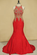 Load image into Gallery viewer, Scoop Mermaid Taffeta With Applique Prom Dresses