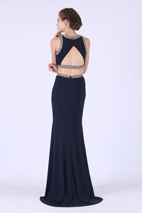 Two-Piece Scoop Spandex With Beading Mermaid Prom Dresses