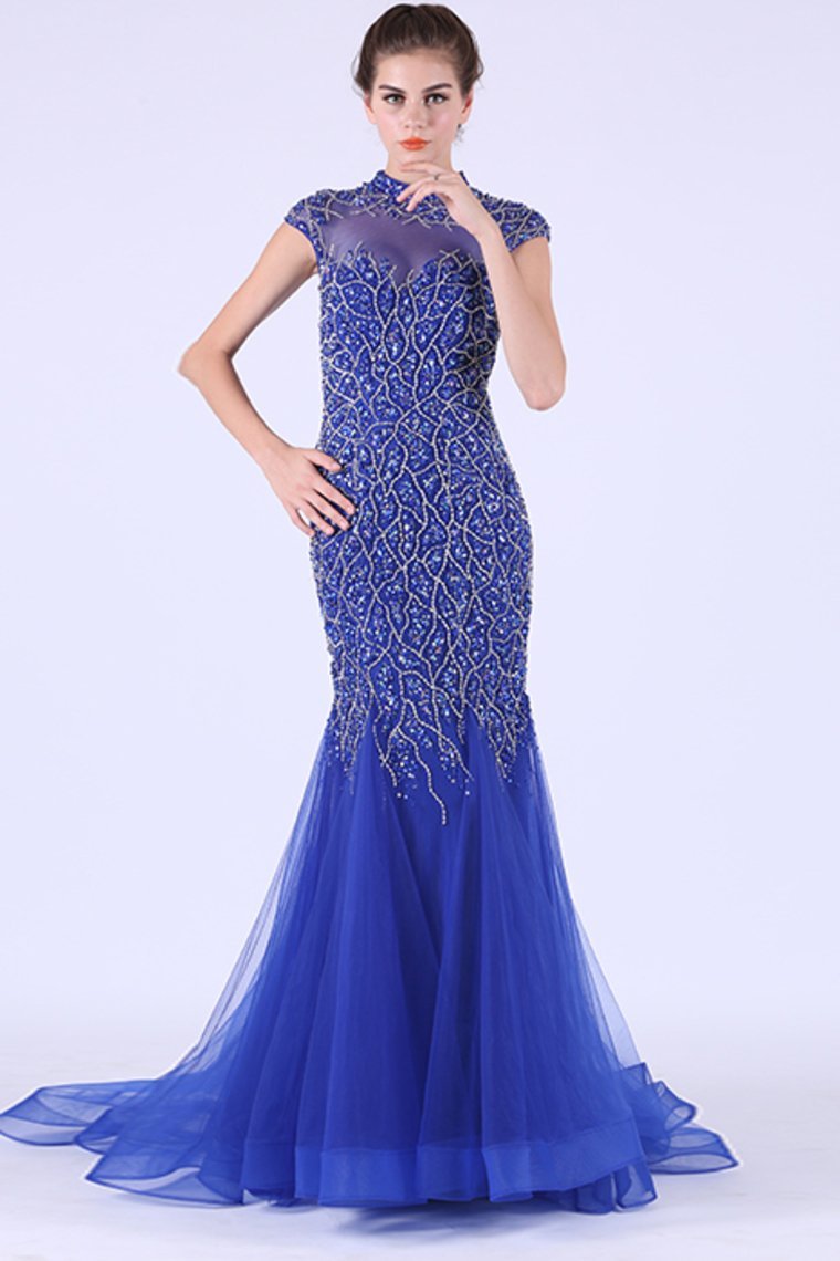 Tulle Prom Dresses High Neck Mermaid With Beading Sweep Train