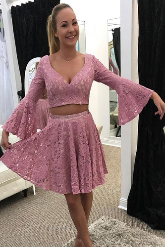 Two Piece A-Line V-Neck Long Sleeves Lace Mini Homecoming Dresses