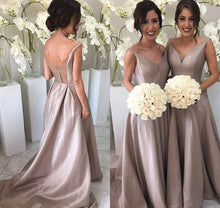 Load image into Gallery viewer, V Neck Bridesmaid Dresses A Line Satin Sweep Train Zipper Up