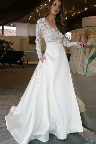 Sexy Long Sleeve See Through V-neck Lace Appliques Wedding Dresses