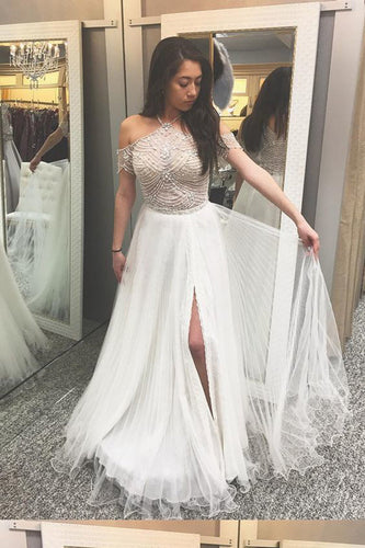 White A-Line Tulle Halter Off-Shoulder Floor-Length Beading Long Prom Dresses
